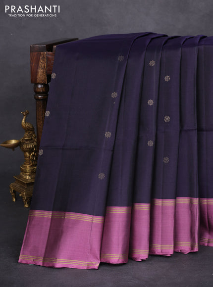 Pure soft silk saree navy blue and mauve pink with zari woven floral buttas and rettapet zari woven border