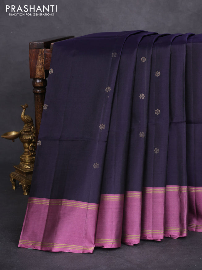 Pure soft silk saree navy blue and mauve pink with zari woven floral buttas and rettapet zari woven border