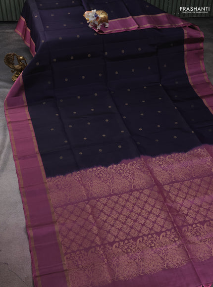 Pure soft silk saree navy blue and mauve pink with zari woven floral buttas and rettapet zari woven border