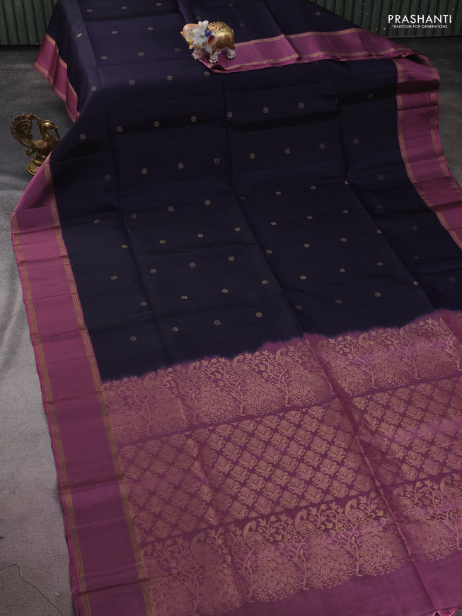 Pure soft silk saree navy blue and mauve pink with zari woven floral buttas and rettapet zari woven border