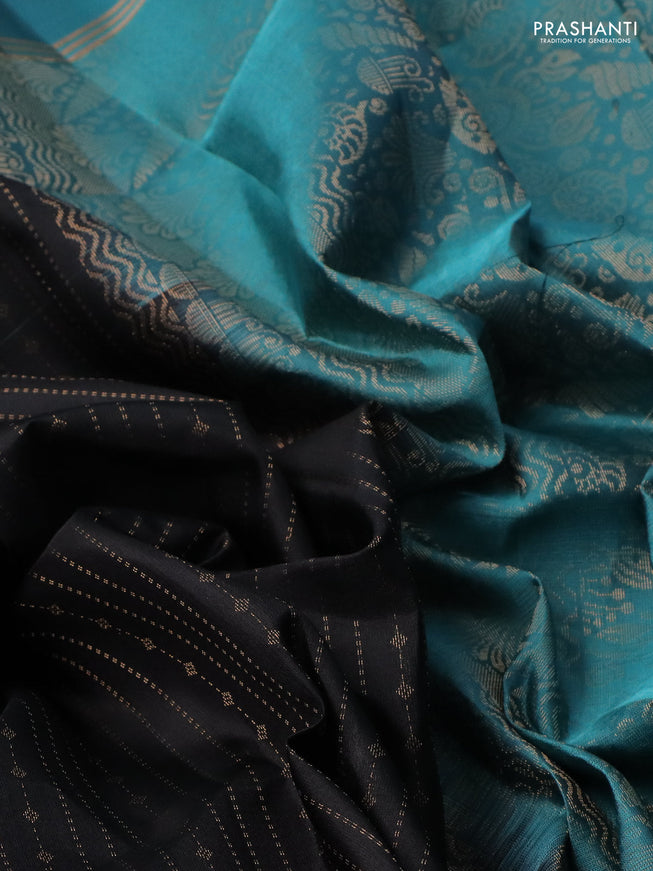 Pure soft silk saree black and teal blue with allover zari weaves and rettapet zari woven border