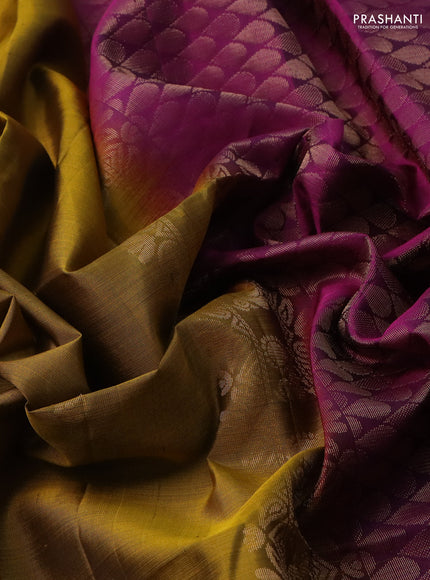 Pure soft silk saree dark mustard and purple with zari woven floral buttas and rettapet zari woven border