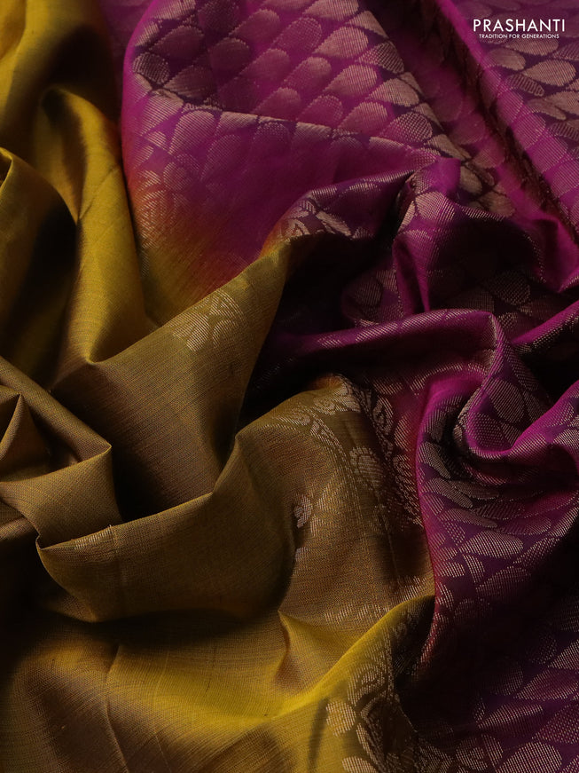 Pure soft silk saree dark mustard and purple with zari woven floral buttas and rettapet zari woven border