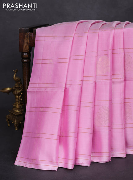 Pure soft silk saree light pink with allover zari checks & buttas in borderless style