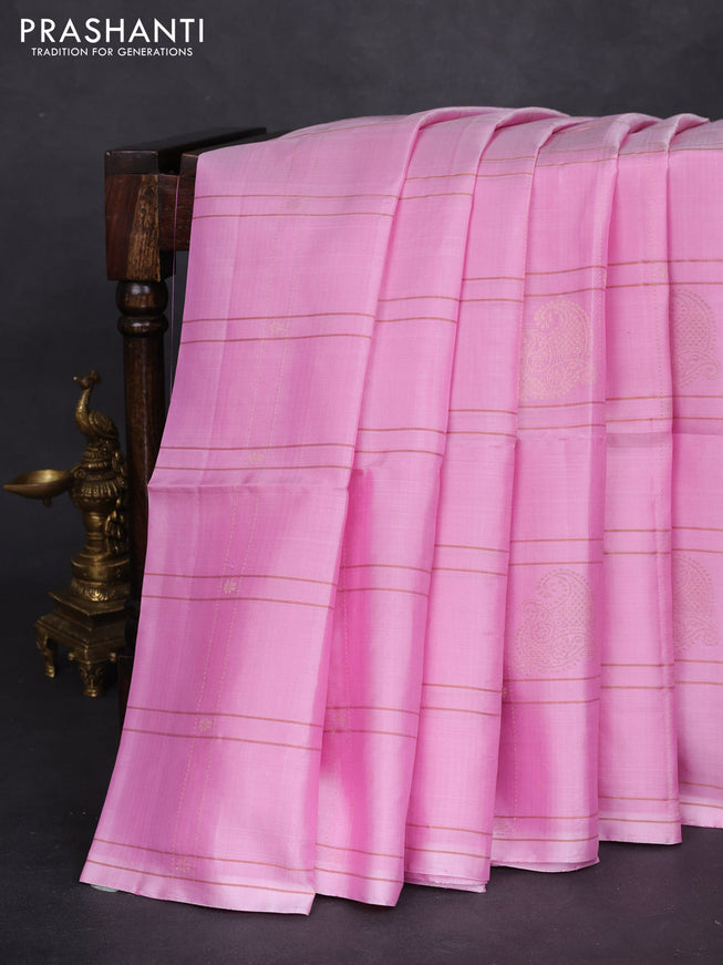 Pure soft silk saree light pink with allover zari checks & buttas in borderless style