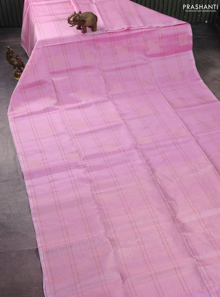 Pure soft silk saree light pink with allover zari checks & buttas in borderless style