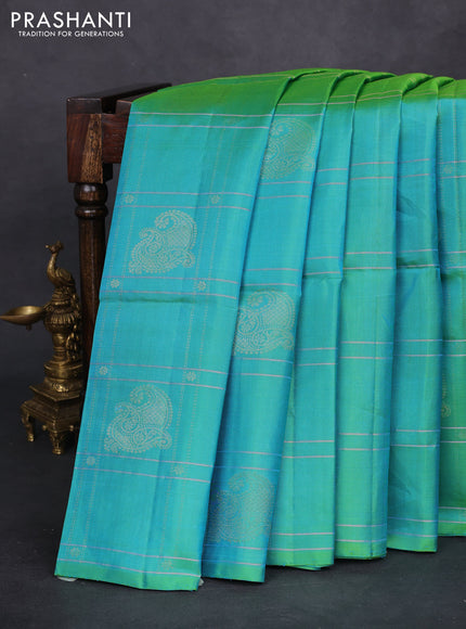Pure soft silk saree dual shade of teal bluish green with allover zari checks & buttas in borderless style