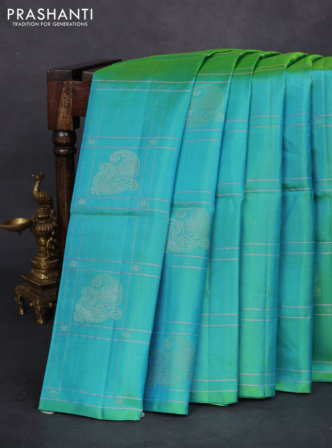 Pure soft silk saree dual shade of teal bluish green with allover zari checks & buttas in borderless style