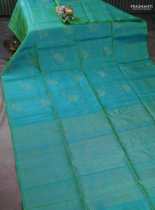 Pure soft silk saree dual shade of teal bluish green with allover zari checks & buttas in borderless style