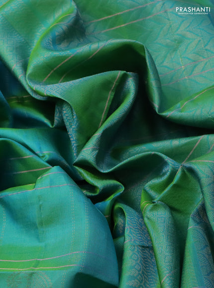 Pure soft silk saree dual shade of teal bluish green with allover zari checks & buttas in borderless style