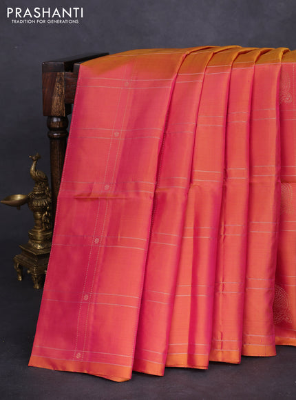 Pure soft silk saree dual shade of pinkish yellow with allover zari checks & buttas in borderless style