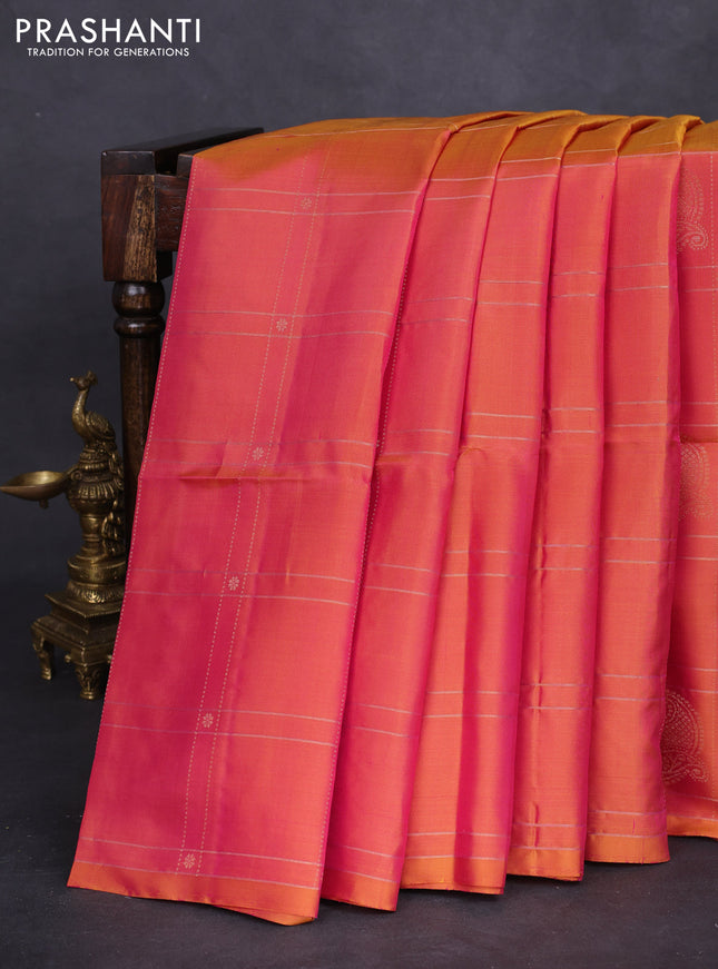 Pure soft silk saree dual shade of pinkish yellow with allover zari checks & buttas in borderless style