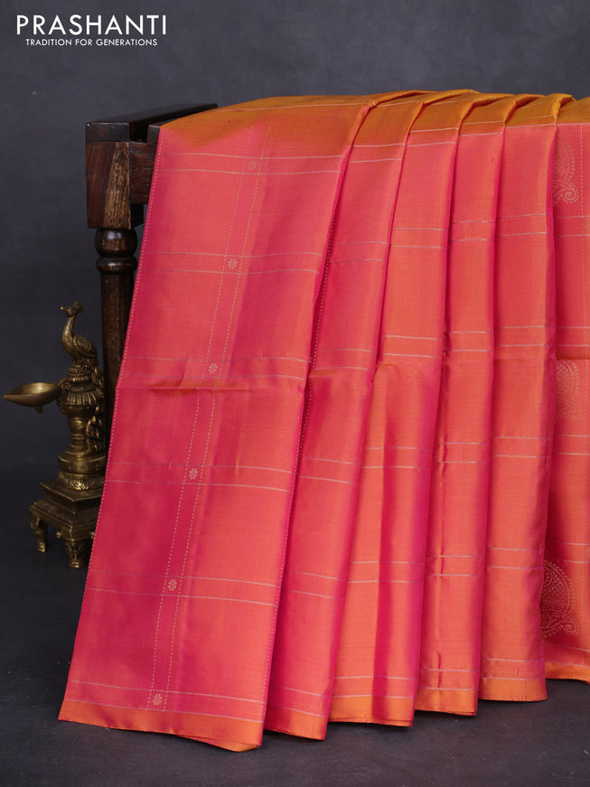 Pure soft silk saree dual shade of pinkish yellow with allover zari checks & buttas in borderless style