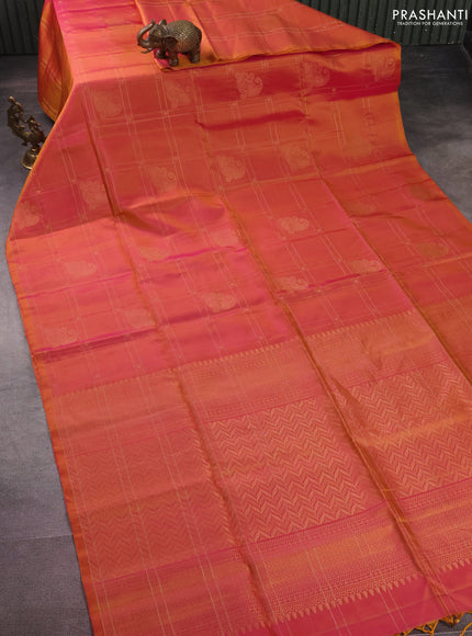 Pure soft silk saree dual shade of pinkish yellow with allover zari checks & buttas in borderless style
