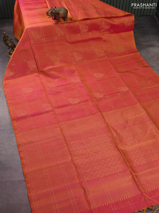 Pure soft silk saree dual shade of pinkish yellow with allover zari checks & buttas in borderless style