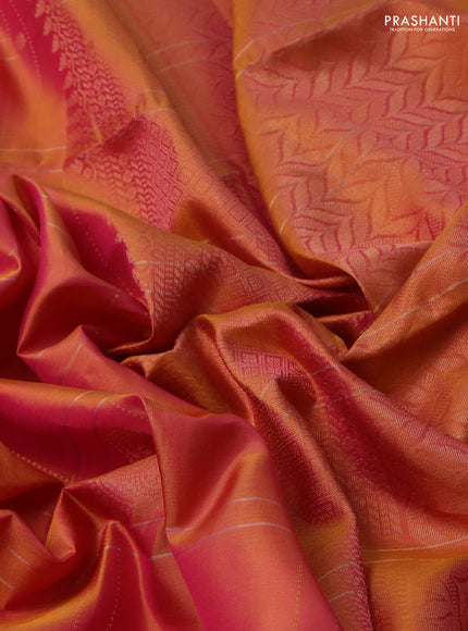Pure soft silk saree dual shade of pinkish yellow with allover zari checks & buttas in borderless style