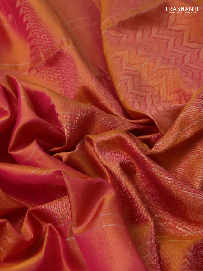 Pure soft silk saree dual shade of pinkish yellow with allover zari checks & buttas in borderless style