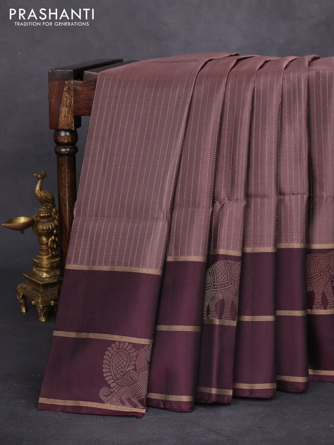 Pure soft silk saree pastel brown and deep maroon with allover zari stripe pattern and long zari woven butta border
