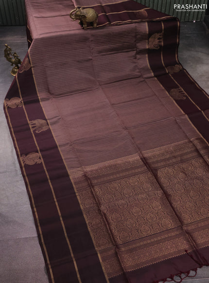 Pure soft silk saree pastel brown and deep maroon with allover zari stripe pattern and long zari woven butta border