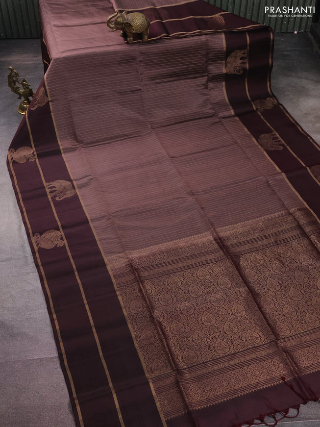 Pure soft silk saree pastel brown and deep maroon with allover zari stripe pattern and long zari woven butta border