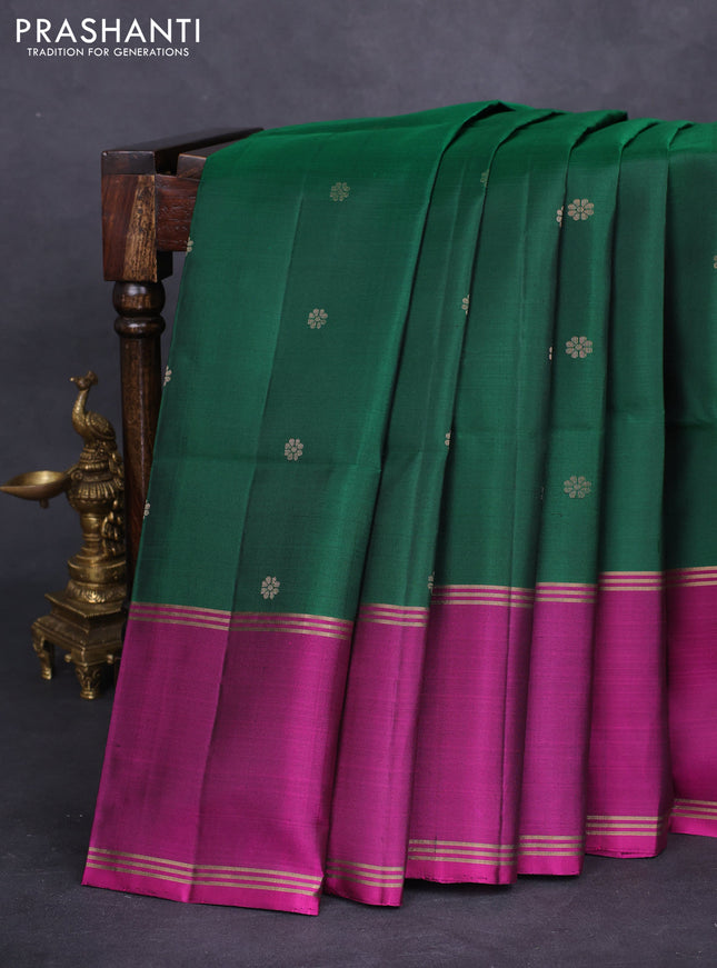Pure soft silk saree green and purple with zari woven floral buttas and long rettapet zari woven border