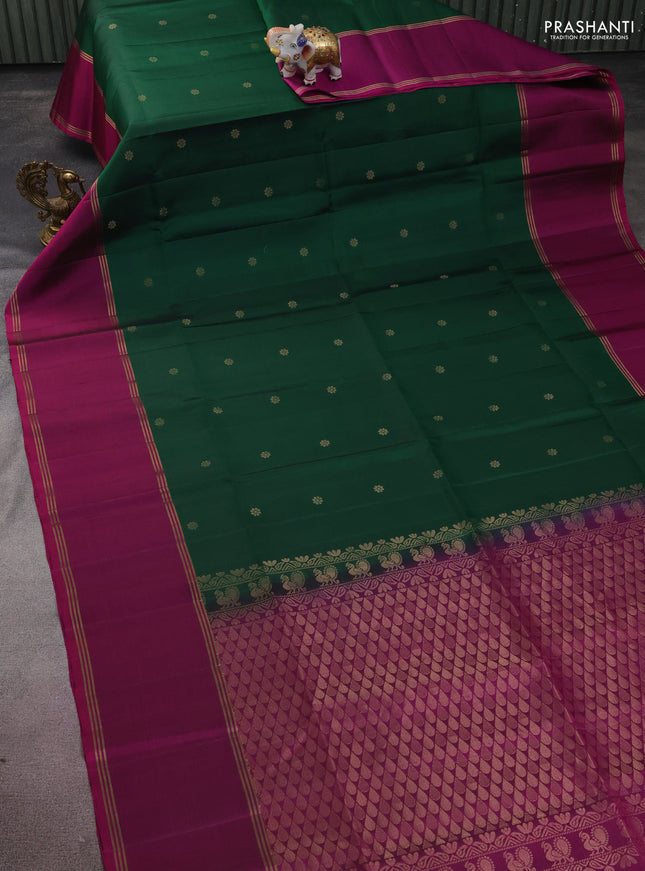 Pure soft silk saree green and purple with zari woven floral buttas and long rettapet zari woven border