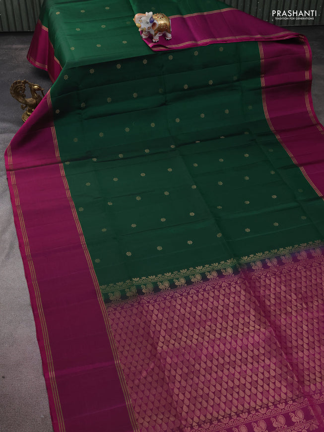 Pure soft silk saree green and purple with zari woven floral buttas and long rettapet zari woven border