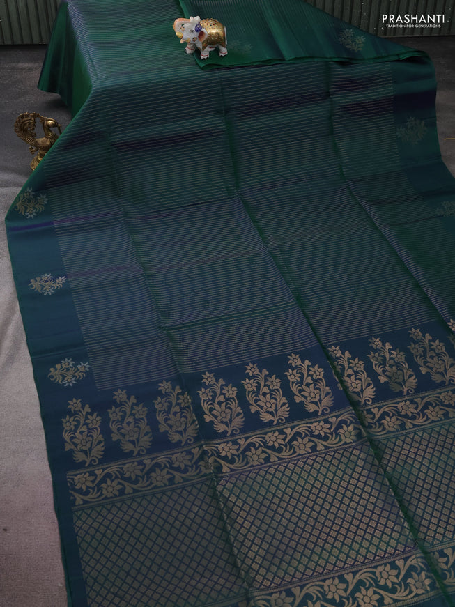Pure soft silk saree dual shade of bluish green with allover zari weaves and zari woven floral butta border