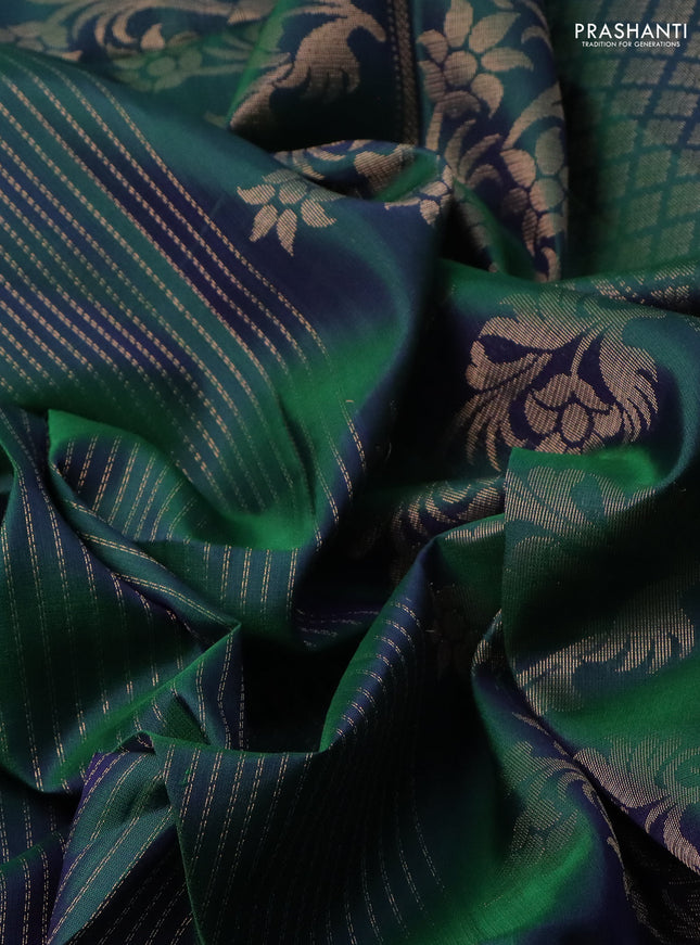 Pure soft silk saree dual shade of bluish green with allover zari weaves and zari woven floral butta border