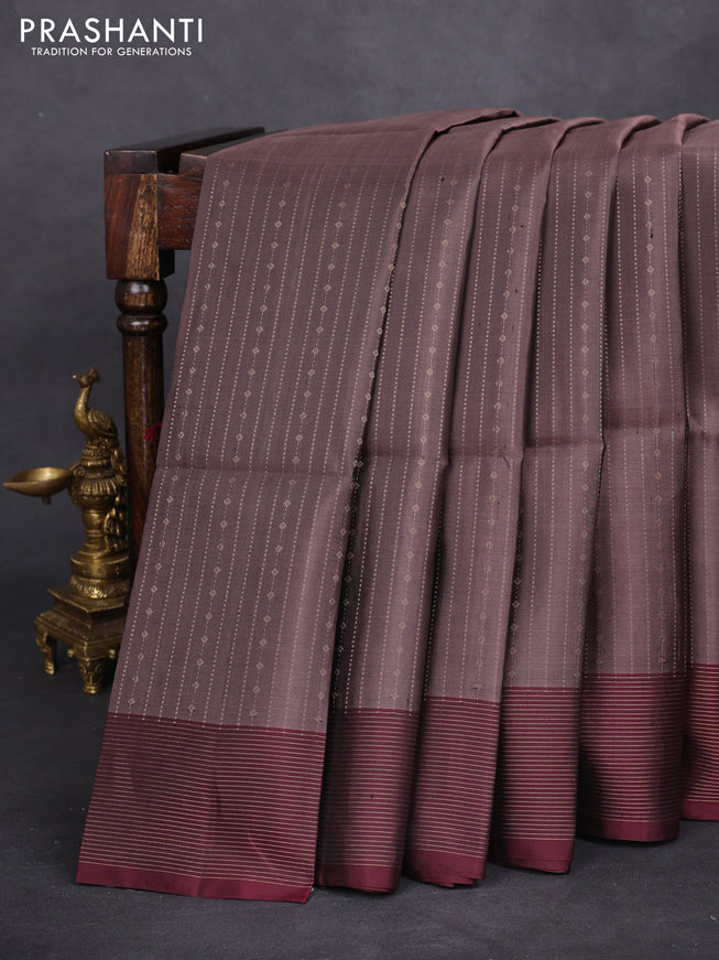 Pure soft silk saree pastel brown and deep maroon with allover zari weaves and zari woven border