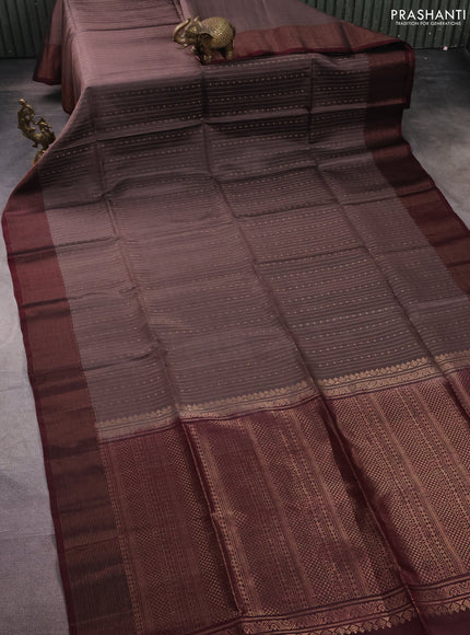 Pure soft silk saree pastel brown and deep maroon with allover zari weaves and zari woven border
