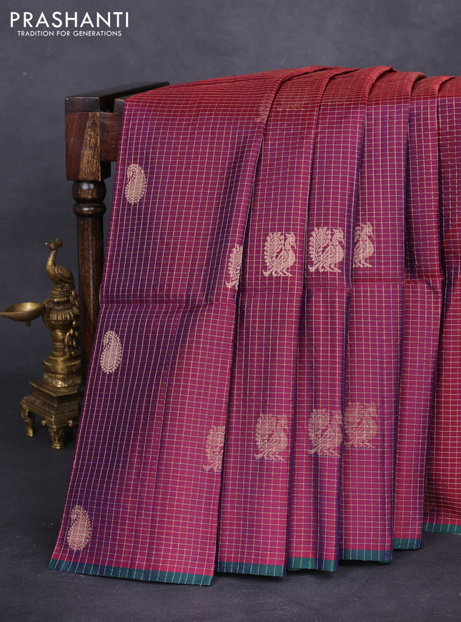 Pure soft silk saree dual shade of maroon with allover zari checks & buttas and piping border