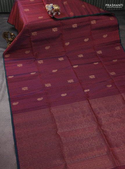 Pure soft silk saree dual shade of maroon with allover zari checks & buttas and piping border