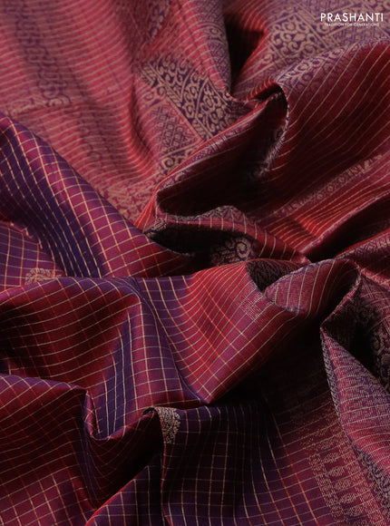Pure soft silk saree dual shade of maroon with allover zari checks & buttas and piping border