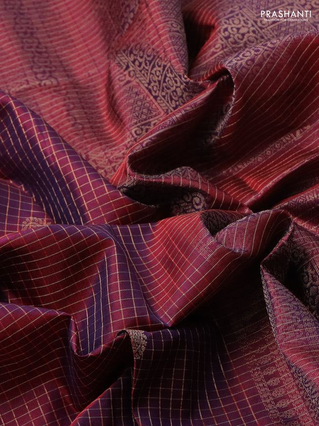 Pure soft silk saree dual shade of maroon with allover zari checks & buttas and piping border