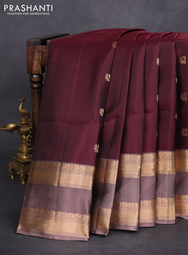 Pure soft silk saree deep maroon and pastel brown with zari woven buttas and rettapet zari woven border
