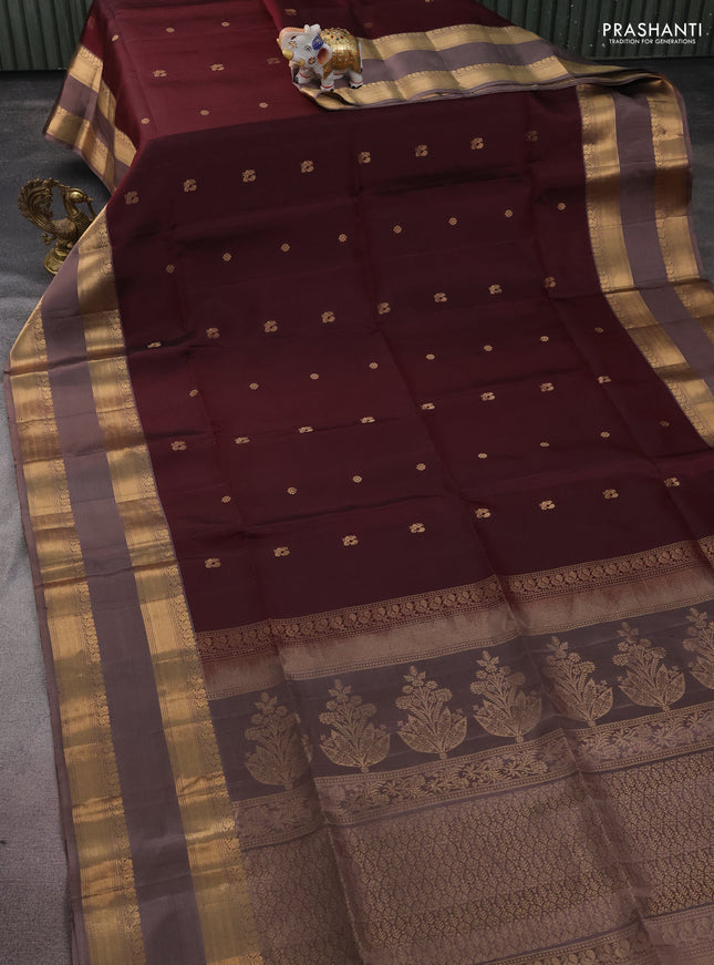 Pure soft silk saree deep maroon and pastel brown with zari woven buttas and rettapet zari woven border