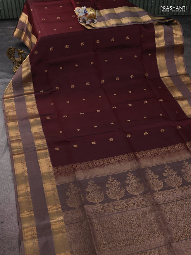 Pure soft silk saree deep maroon and pastel brown with zari woven buttas and rettapet zari woven border
