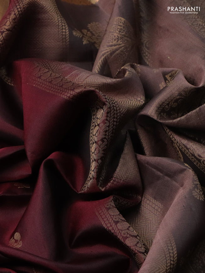 Pure soft silk saree deep maroon and pastel brown with zari woven buttas and rettapet zari woven border