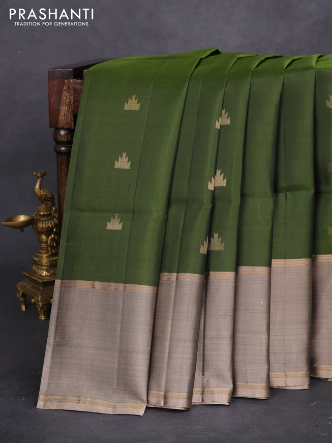 Pure soft silk saree sap green and chikku shade with temple zari woven buttas and rettapet zari woven border