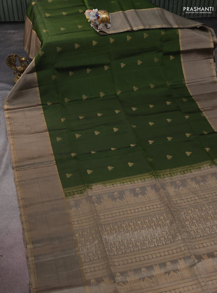 Pure soft silk saree sap green and chikku shade with temple zari woven buttas and rettapet zari woven border