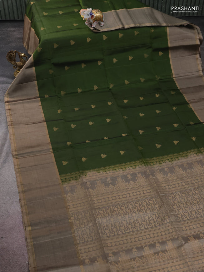 Pure soft silk saree sap green and chikku shade with temple zari woven buttas and rettapet zari woven border