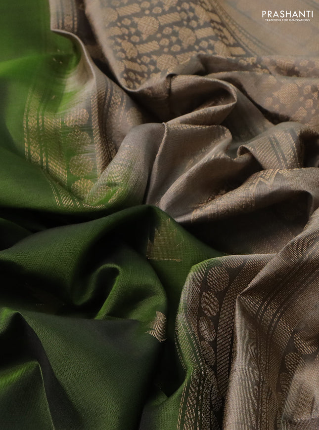 Pure soft silk saree sap green and chikku shade with temple zari woven buttas and rettapet zari woven border