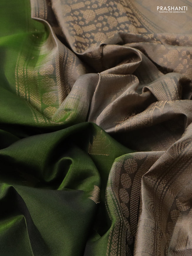 Pure soft silk saree sap green and chikku shade with temple zari woven buttas and rettapet zari woven border