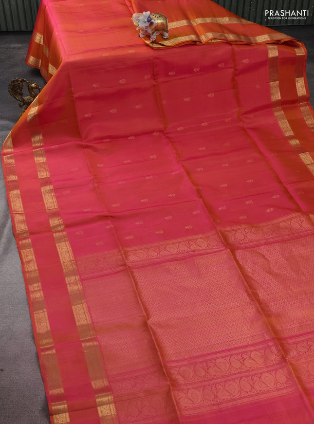 Pure soft silk saree dual shade of pinkish orange with zari woven buttas and rettapet zari woven border