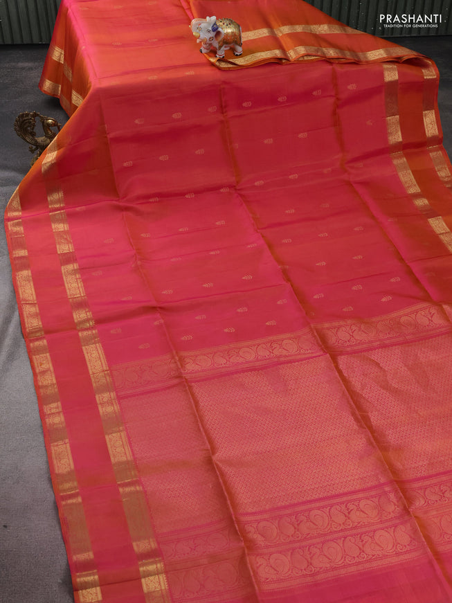 Pure soft silk saree dual shade of pinkish orange with zari woven buttas and rettapet zari woven border