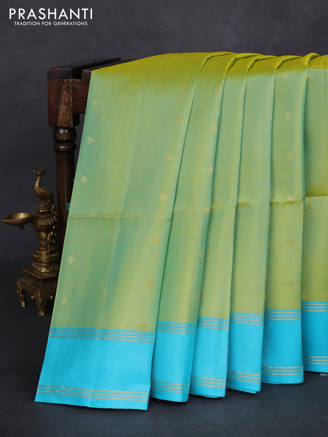 Pure soft silk saree dual shade of light green and light blue with zari woven buttas and rettapet zari woven border