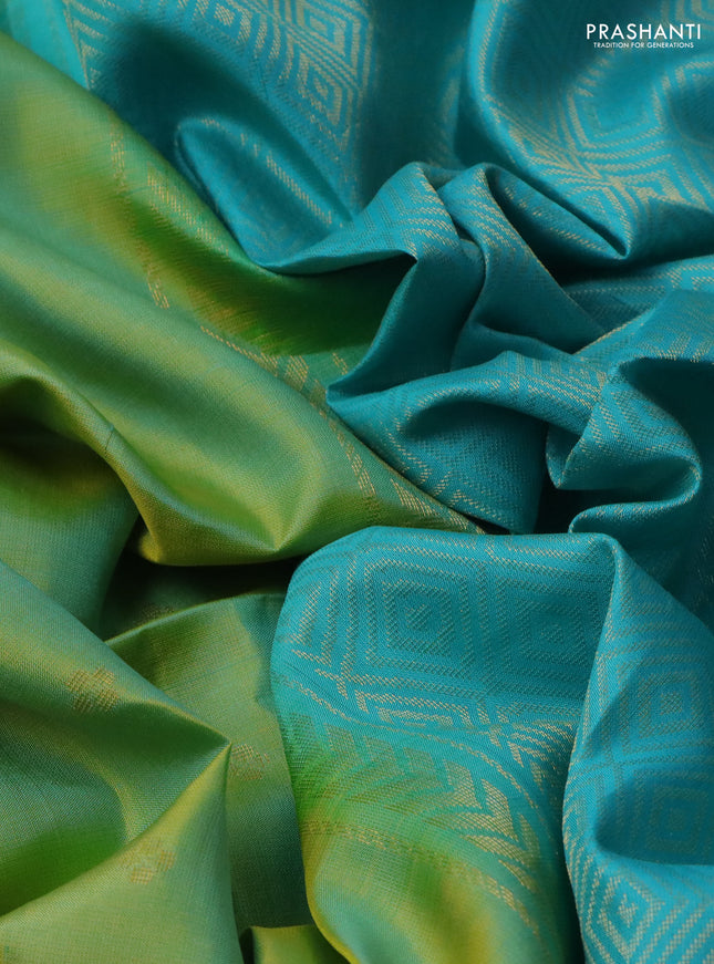 Pure soft silk saree dual shade of light green and light blue with zari woven buttas and rettapet zari woven border