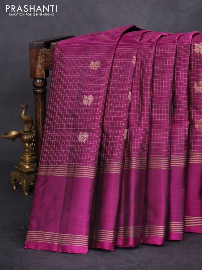Pure soft silk saree purple with allover zari checks & buttas and rettapet zari woven border
