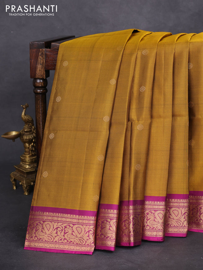 Pure soft silk saree dark mustard and purple with zari woven buttas and zari woven border